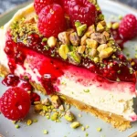 Elegant raspberry and pistachio cheesecake topped with fresh raspberries