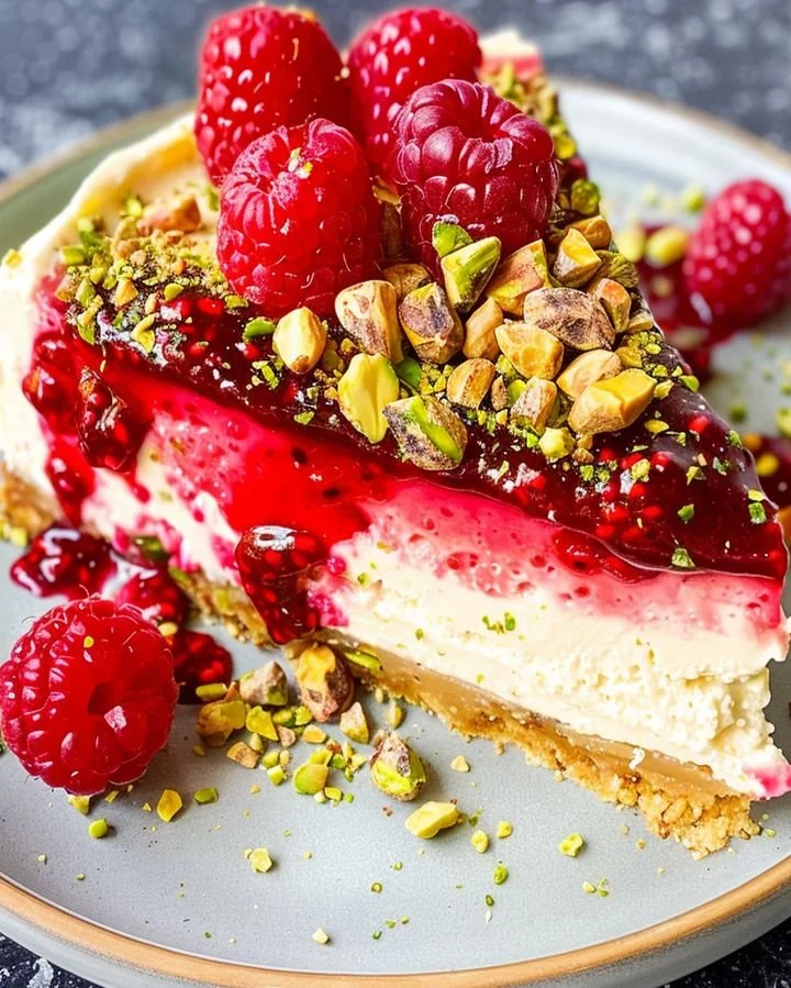 Elegant raspberry and pistachio cheesecake topped with fresh raspberries