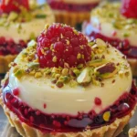 Elegant raspberry pistachio cream tarts served on a decorative plate