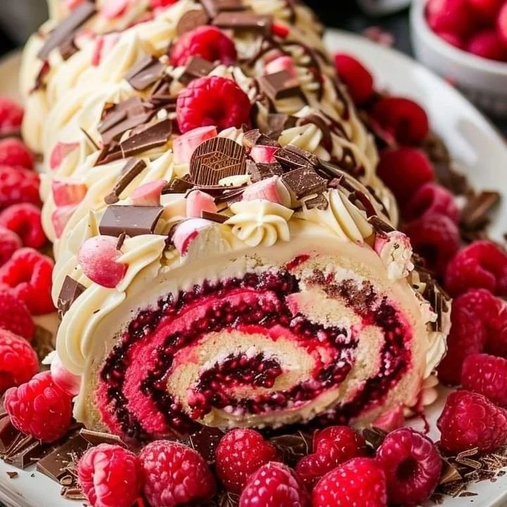 Elegant Raspberry White Chocolate Cake Roll with fresh raspberries and white chocolate