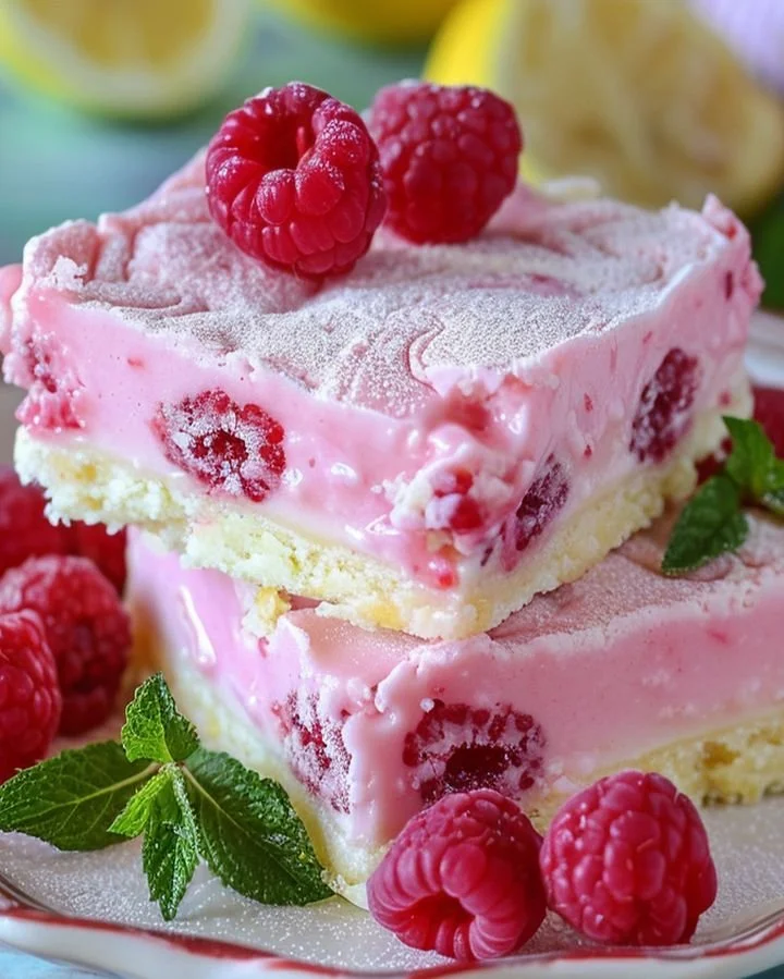 Plate of elegant raspberry lemonade bars with a refreshing lemon garnish