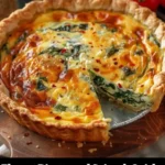 Elegant ricotta and spinach quiche served on a rustic wooden table