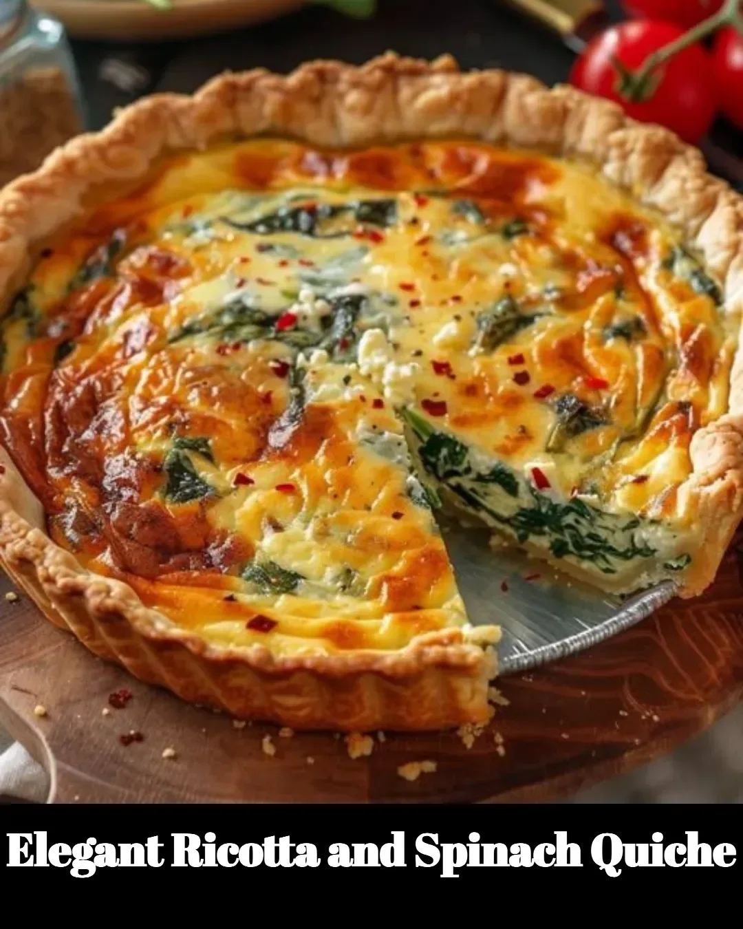 Elegant ricotta and spinach quiche served on a rustic wooden table