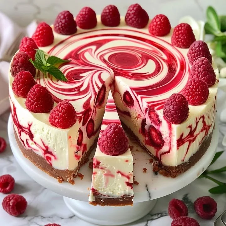 Elegant white chocolate raspberry swirl cheesecake topped with fresh raspberries.