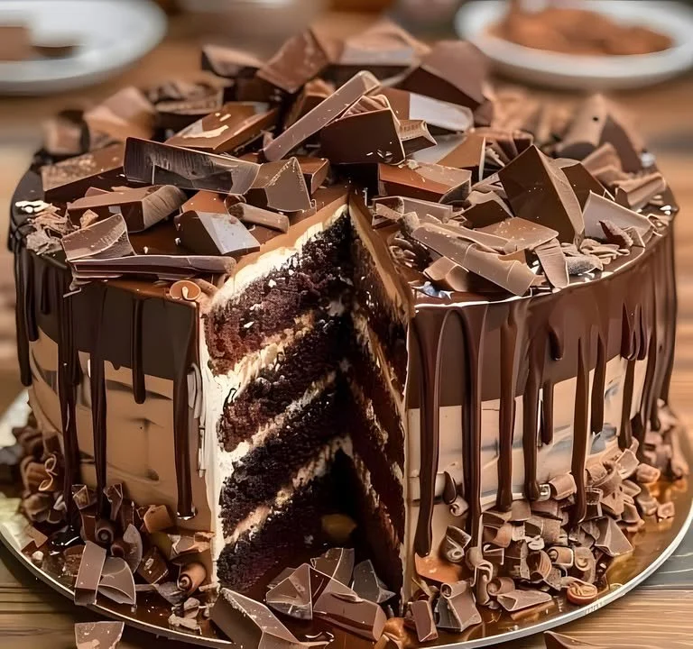 Epic Chocolate Overload Explosion Cake showcasing layers of rich chocolate cake and decadent frosting.
