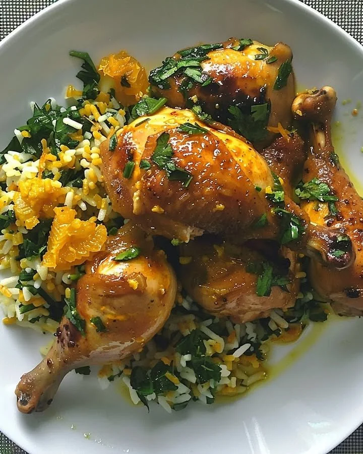 Saffron chicken garnished with citrus, showcasing vibrant colors and elegant presentation.