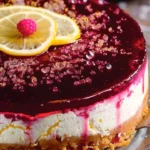 Exquisite cheesecake topped with lemon slices and fresh raspberries