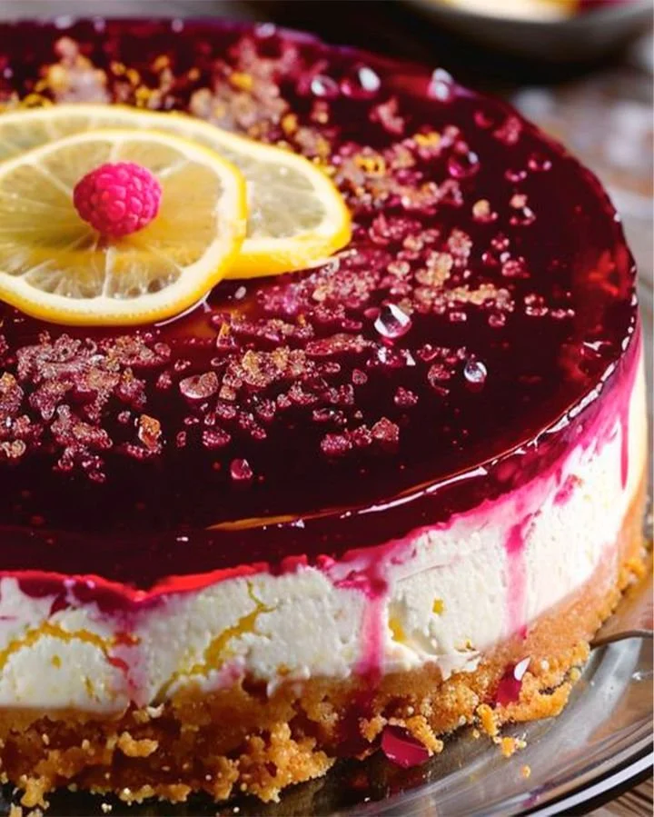 Exquisite cheesecake topped with lemon slices and fresh raspberries