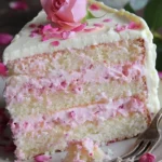 Exquisite rose milk cake topped with rose petals and creamy frosting