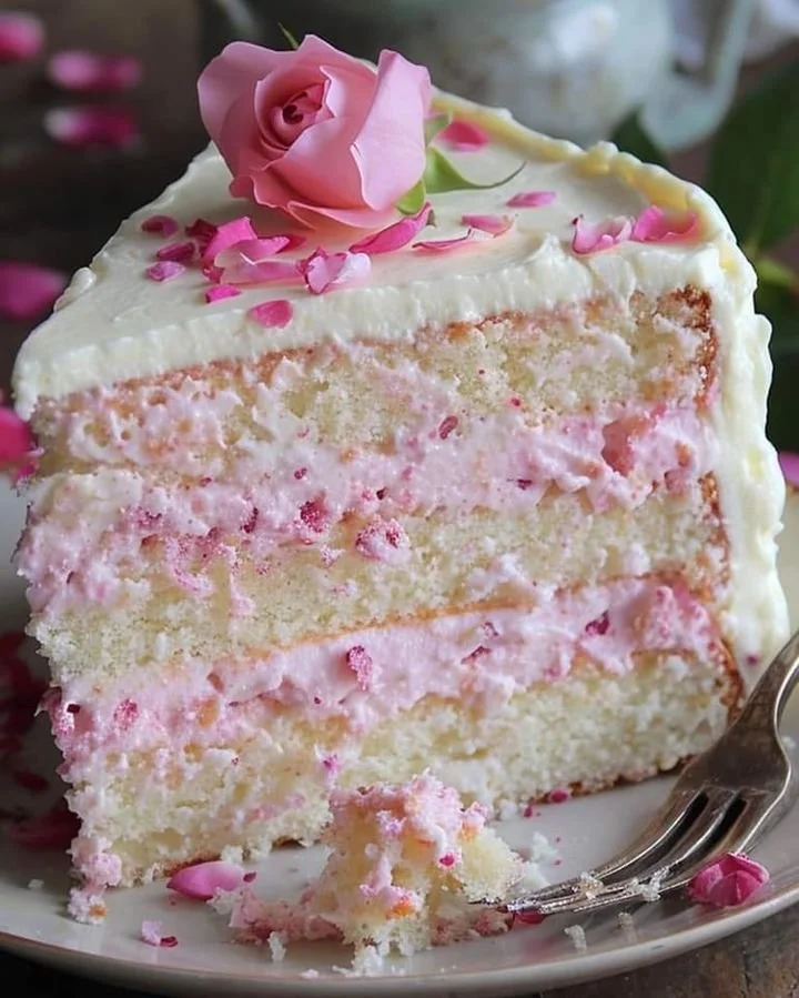 Exquisite rose milk cake topped with rose petals and creamy frosting