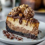 Slice of Ferrero Rocher Cheesecake with chocolate and hazelnuts