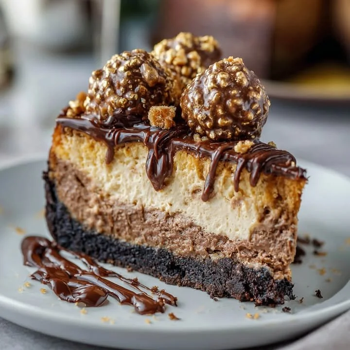 Slice of Ferrero Rocher Cheesecake with chocolate and hazelnuts