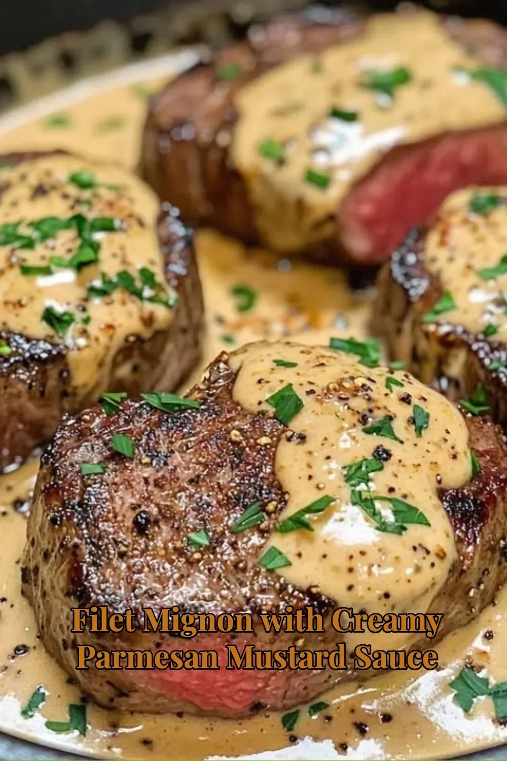 Succulent Filet Mignon with creamy Parmesan mustard sauce served on a plate