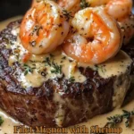 Filet mignon with shrimp and lobster cream sauce plated elegantly