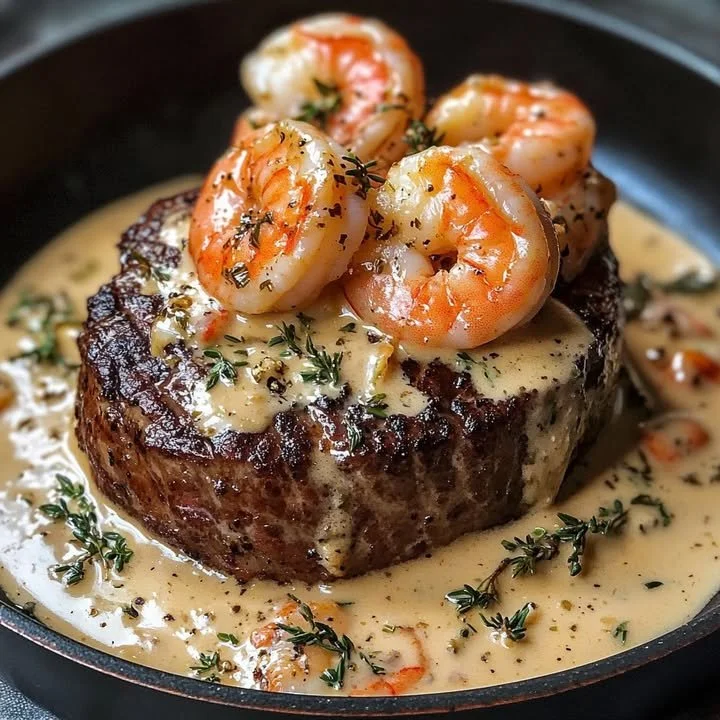 Filet Mignon served with shrimp and lobster cream sauce on a plate