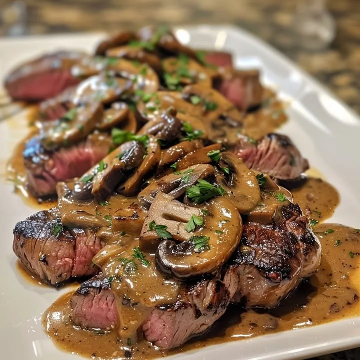 Flambéed Brandy Steak served with a savory mushroom sauce on a plate.