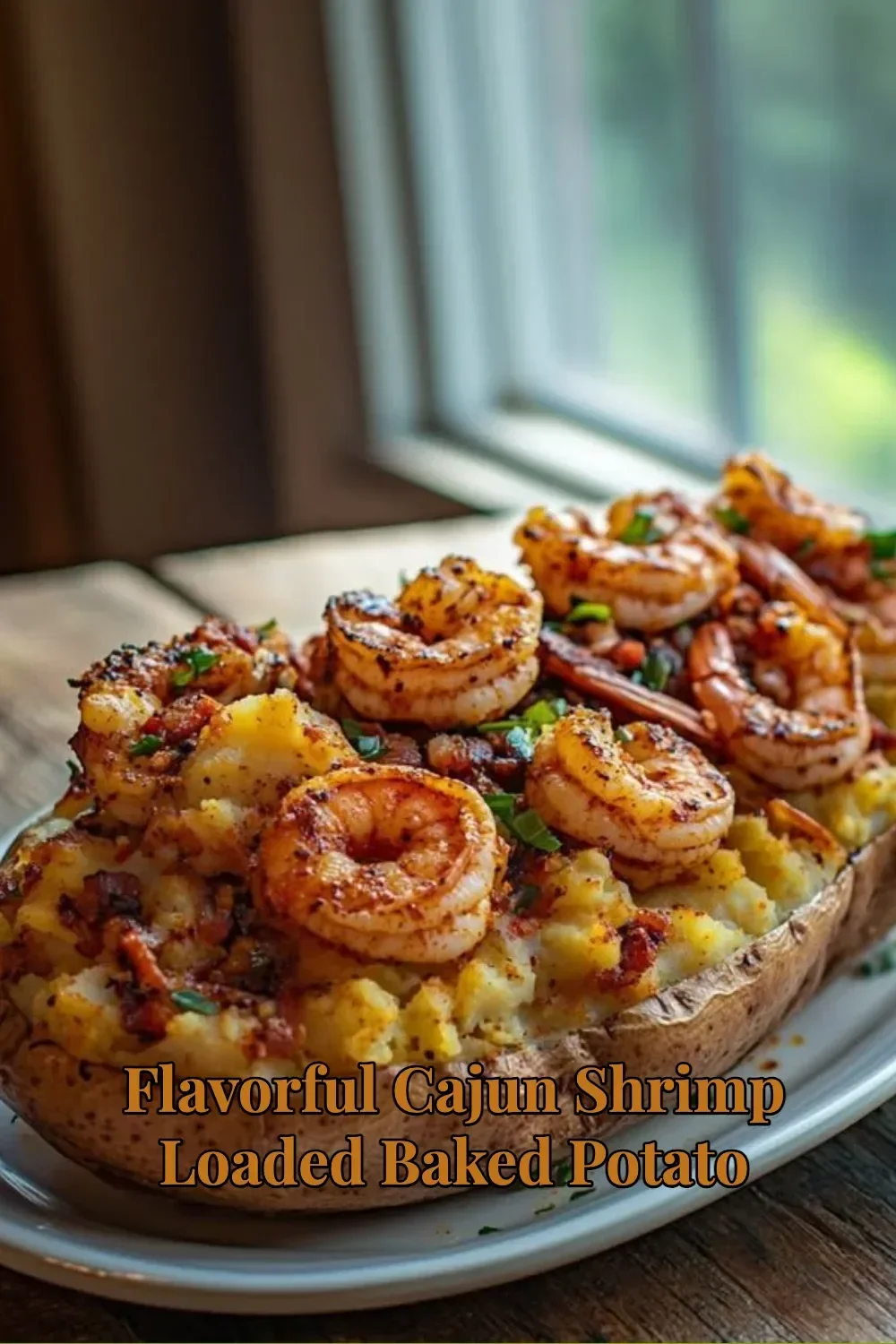 Flavorful Cajun shrimp loaded baked potato with toppings and spices