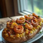 Flavorful Cajun shrimp atop a loaded baked potato.