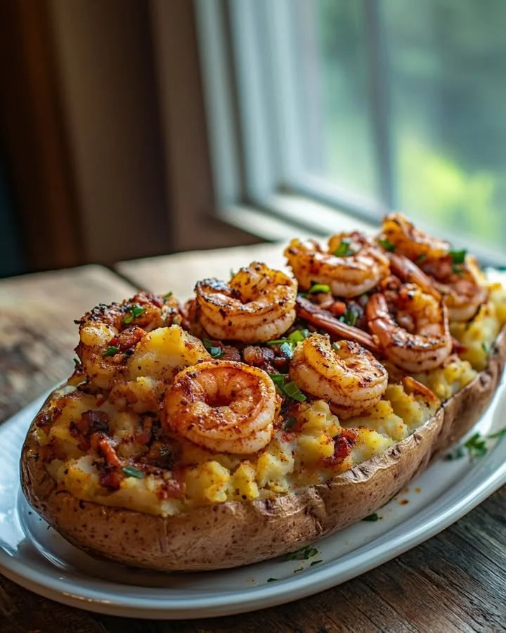 Flavorful Cajun shrimp atop a loaded baked potato.