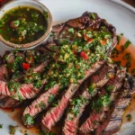 Delicious chimichurri flank steak garnished with fresh herbs
