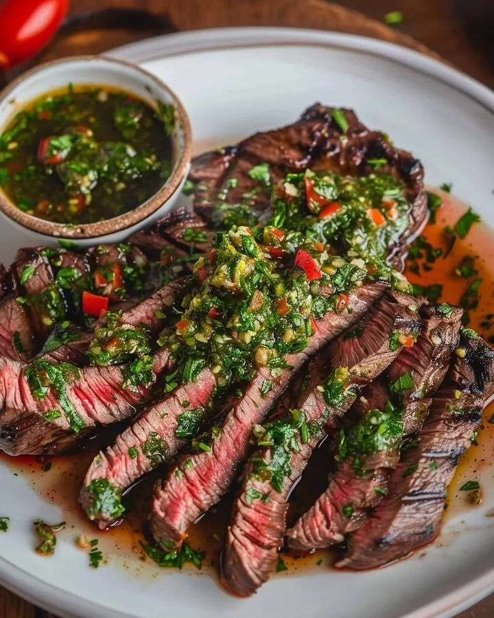 Delicious chimichurri flank steak garnished with fresh herbs