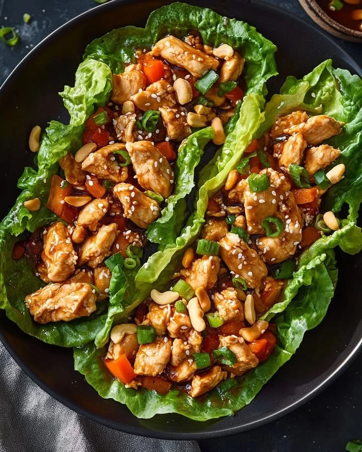 Flavorful teriyaki chicken lettuce wraps served on a plate with garnish