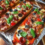 Delicious French bread pizza boats topped with fresh ingredients and melted cheese