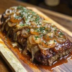 Delicious French onion meatloaf with melted cheese and caramelized onions
