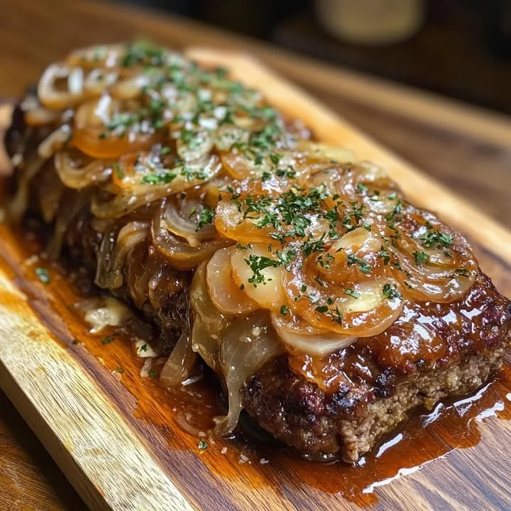 Delicious French onion meatloaf with melted cheese and caramelized onions