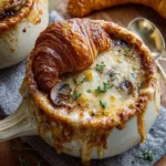A bowl of French onion soup topped with mushrooms, herbs, and a cheesy croissant.