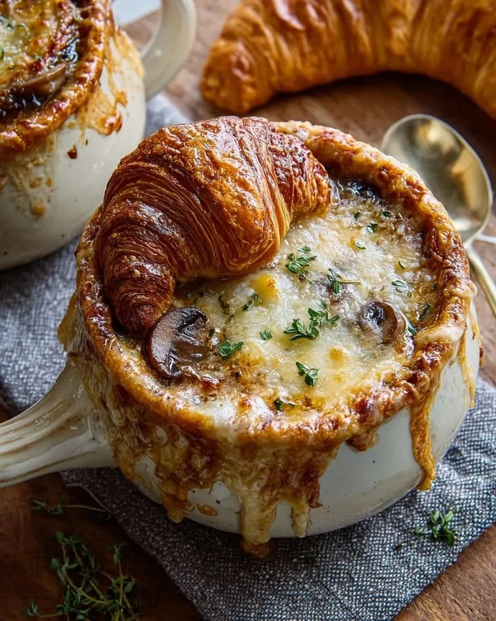 A bowl of French onion soup topped with mushrooms, herbs, and a cheesy croissant.