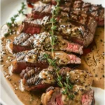 French seared steak topped with cognac cream sauce on a plate