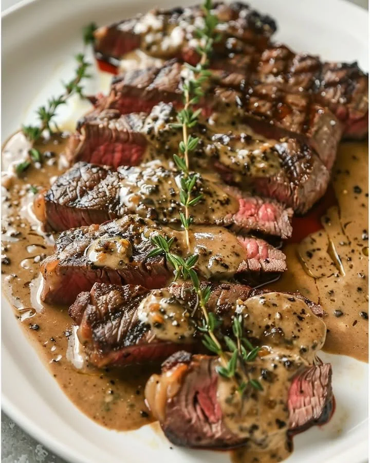 French seared steak topped with cognac cream sauce on a plate