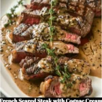 Juicy French seared steak topped with a cognac cream sauce on a plate