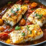 Fresh cod fillet served with tomato basil sauce on a plate
