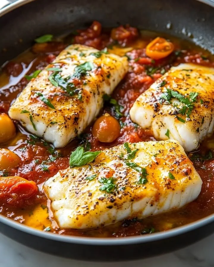 Fresh cod fillet served with tomato basil sauce on a plate