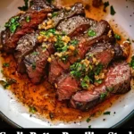 Garlic Butter Brazilian Steak served on a plate with herbs and garlic