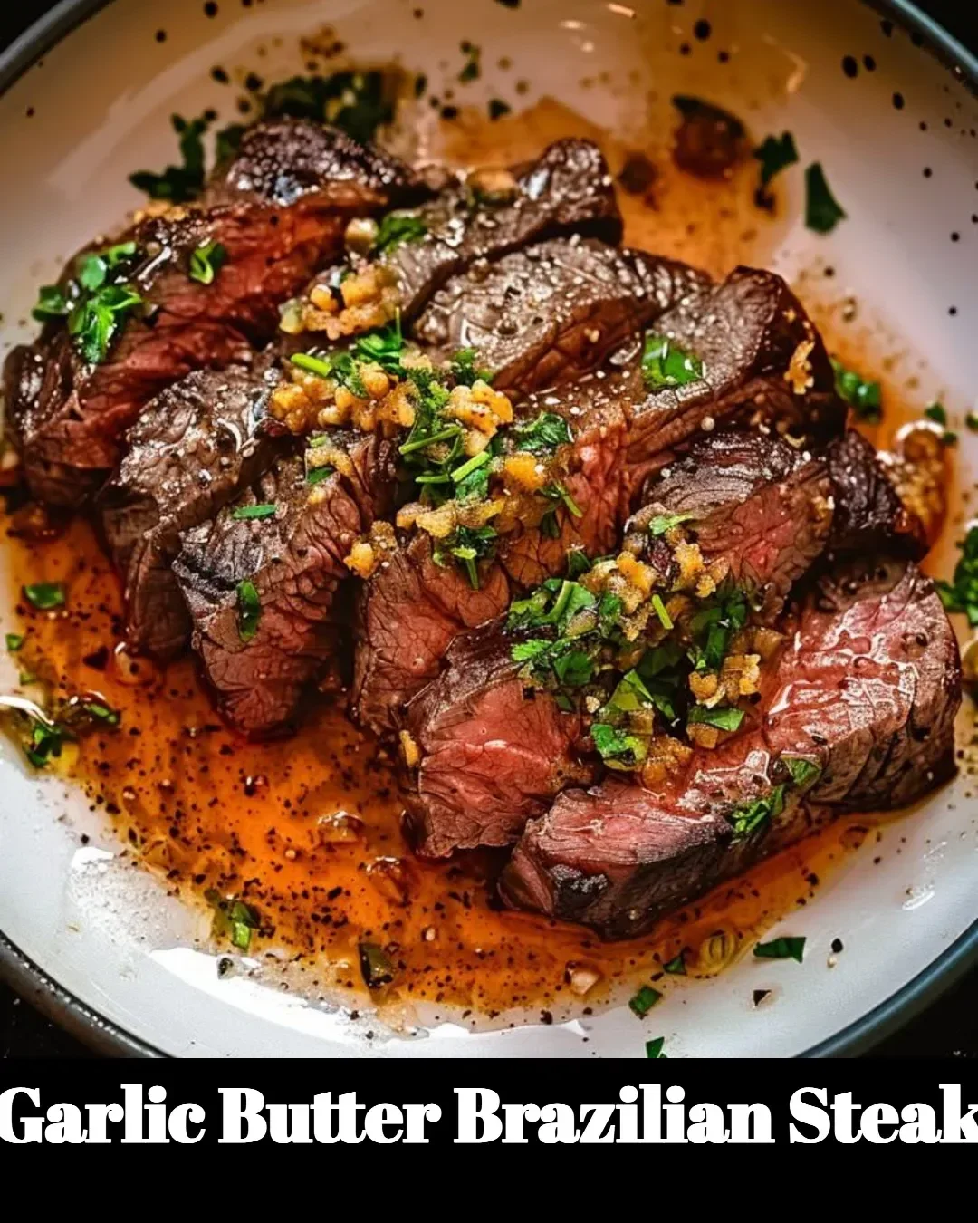 Garlic Butter Brazilian Steak served on a plate with herbs and garlic