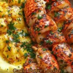 Garlic Butter Lobster Bites served with saffron mash on a plate