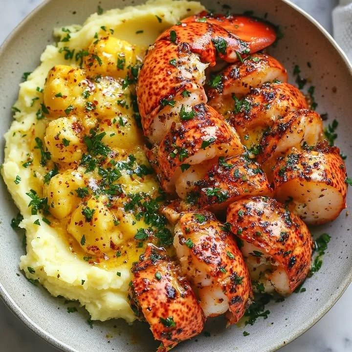Delicious garlic butter lobster bites served on a plate with saffron mash.