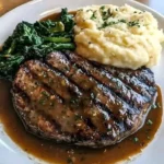 Delicious Garlic Butter Steak served with creamy mashed potatoes on a plate
