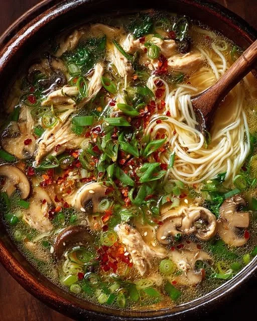 Bowl of Garlic Ginger Chicken and Mushroom Noodle Soup garnished with fresh herbs