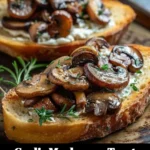 Plate of garlic mushroom toast garnished with herbs and served on a rustic wooden table.