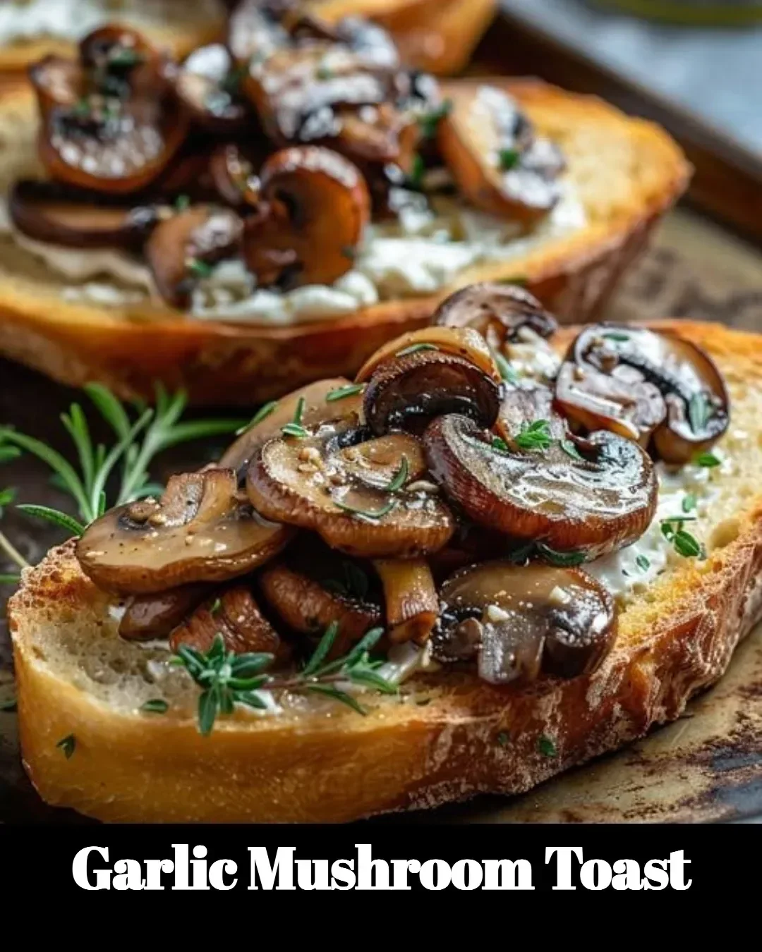 Plate of garlic mushroom toast garnished with herbs and served on a rustic wooden table.