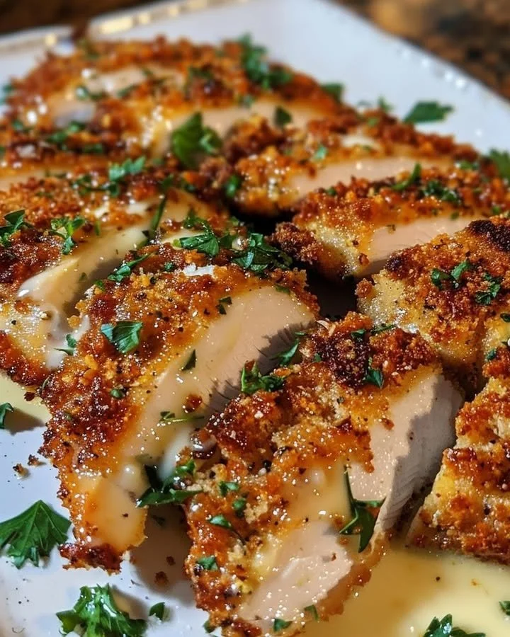 Garlic Parmesan Crusted Chicken served on a plate with herbs and seasoning