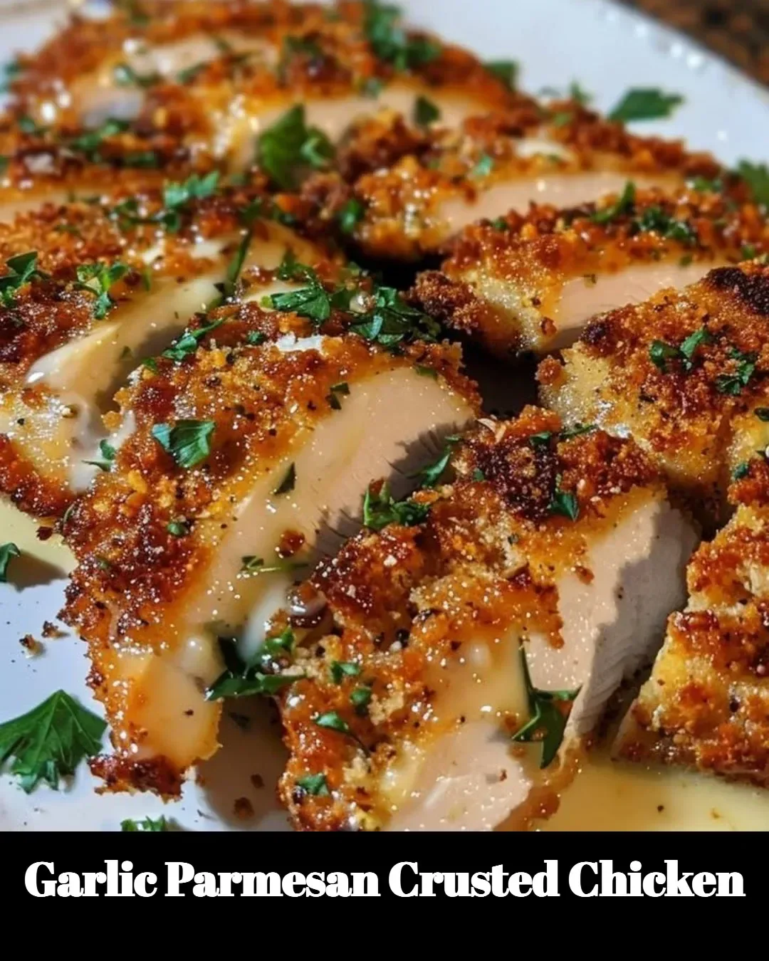 Garlic Parmesan Crusted Chicken served on a plate with herbs