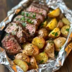 Garlic steak and potato foil packets served on a wooden table