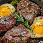Plate of Garlic Steak Bites served with eggs for a hearty breakfast.