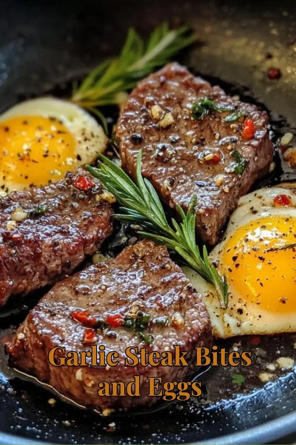 Plate of Garlic Steak Bites served with eggs for a hearty breakfast.