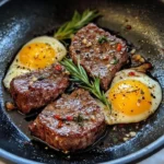 Delicious garlic steak bites served with cooked eggs on a plate